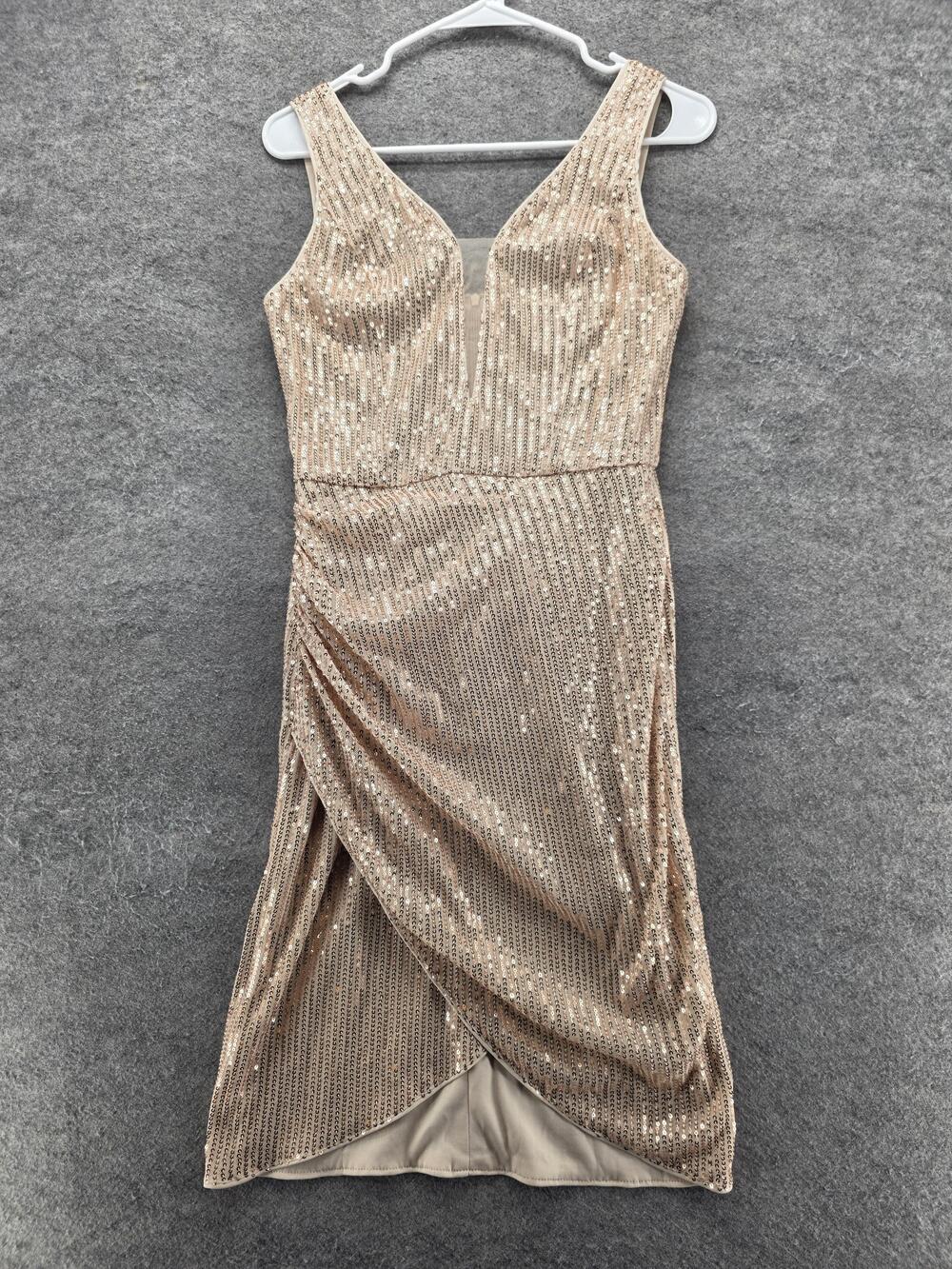 Grace Karin Dress Womens S Gold Sheath Midi Sleeveless V-Neck Sequin Lined